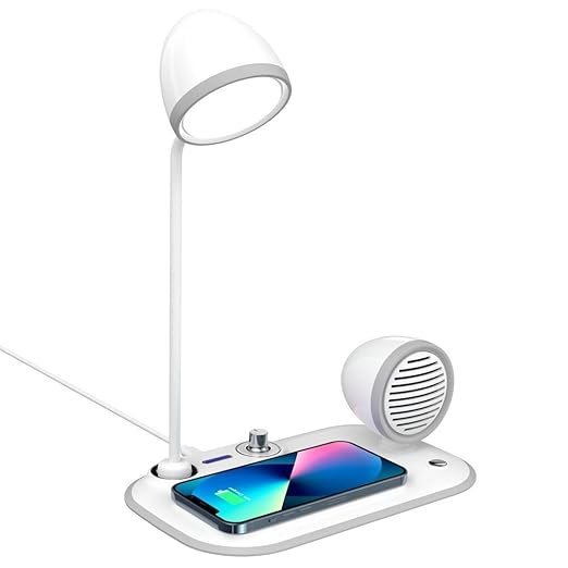 ADOFYS Multipurpose 3 in 1 Desk Lamp with 15w Wireless Charger and Bluetooth Speaker & Mic for Calls | 360 Adjustable Lamp, 3 Color Lights, Brightness Control Button (White)