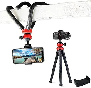 Adofys Flexible Gorillapod Tripod with 360 Rotating Ball Head Tripod for All DSLR Cameras(Max Load 1.5 kgs) & Mobile Phones + Free Heavy Duty Mobile Holder(Black) (12 Inch, Black and Red)