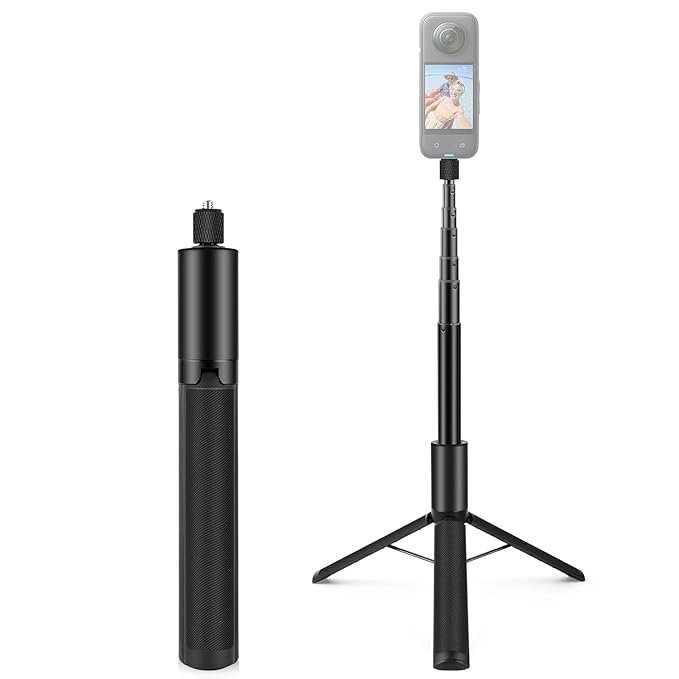 Adofys 122cm 2-in-1 Invisible Selfie Stick + Tripod, Aluminum Alloy Retractable Invisible Selfie Stick Tripod for Insta360 X5/x4/ X3 (Black) ONE R/RS, DJI Osmo Action Series
