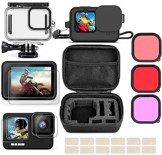 ADOFYS Action Camera Accessories with Waterproof Case+ Silicone Cover+Tempered Screen Protector+3 Lens Filters+Anti-Fog Inserts+Shockproof Small Case Bundle for GoPro Hero 9/10/11/12 Accessories