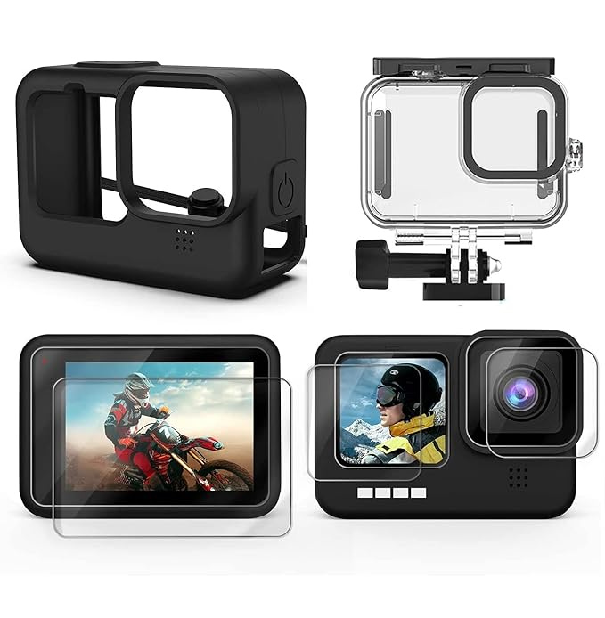ADOFYS Accessories Kit for GoPro Hero 9/10/11/12 &13 Black with Waterproof Case + Ultra Clear Tempered Glass Screen Protector + Lens Protector + HD Front Display Lens Protector + Silicone Rubber