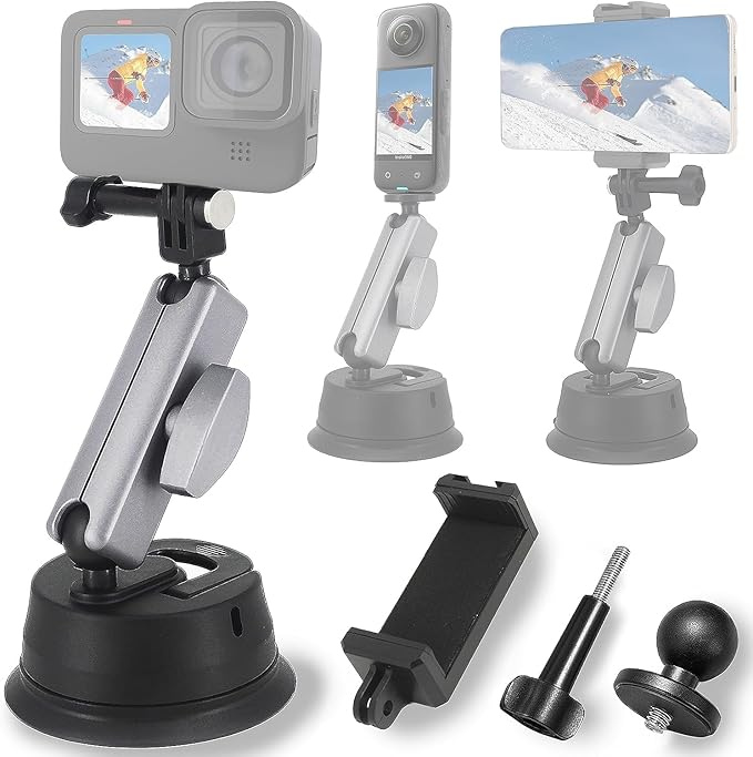 ADOFYS Aluminum Alloy Suction Cup Mount with 1/4 Thread and Phone Holder for GoPro Max Mini Hero 13 12 11 10 9 8 7 6 Insta360 DJI Action Accessories