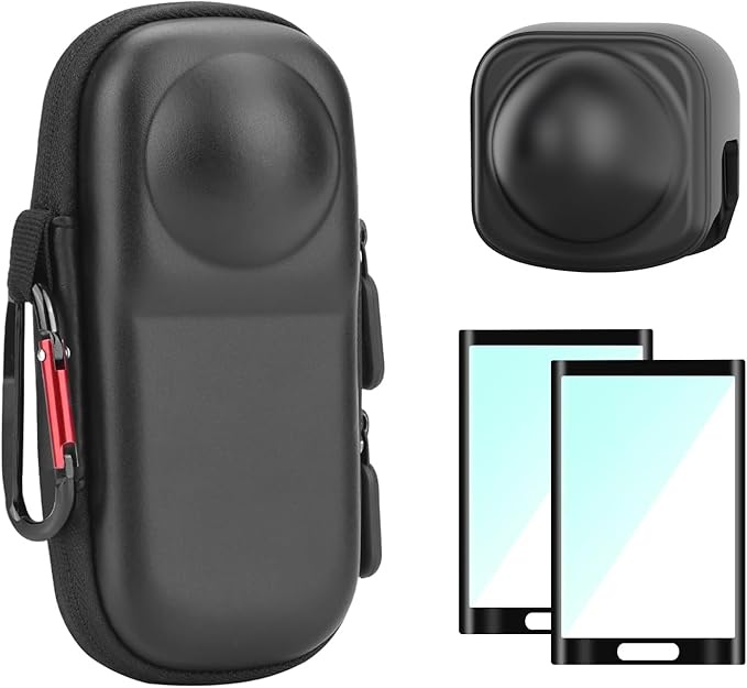 ADOFYS Insta 360 X5/X4 Case Bag + Silicone Lens Cap + 2 Pack Screen Protector Accessories Kit Carrying Case with Wrist Strap and Carabiner for Insta360 X5 X4 Protective Bundle