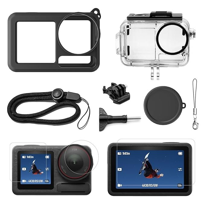 ADOFYS Action Camera Accessories for DJI Osmo Action 5 Pro with Waterproof Case + Ultra Clear Tempered Glass Screen Protector + Lens Protector + HD Front Display Lens Protector + Silicone Rubber Case