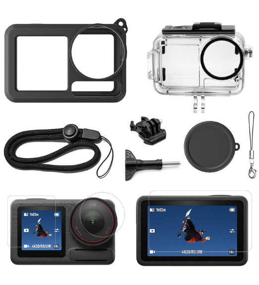 ADOFYS Action Camera Accessories for DJI Osmo Action 5 Pro with Waterproof Case + Ultra Clear Tempered Glass Screen Protector + Lens Protector + HD Front Display Lens Protector + Silicone Rubber Case