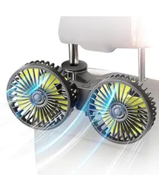 ADOFYS car Fan for Backseat, Dual Head USB Car Seat Fan, 3 Speeds Strong Wind 360° Rotatable Vehicle Rear Headrest Fan for Car, Air Circulation Fans with Adjustable Clip for All Models